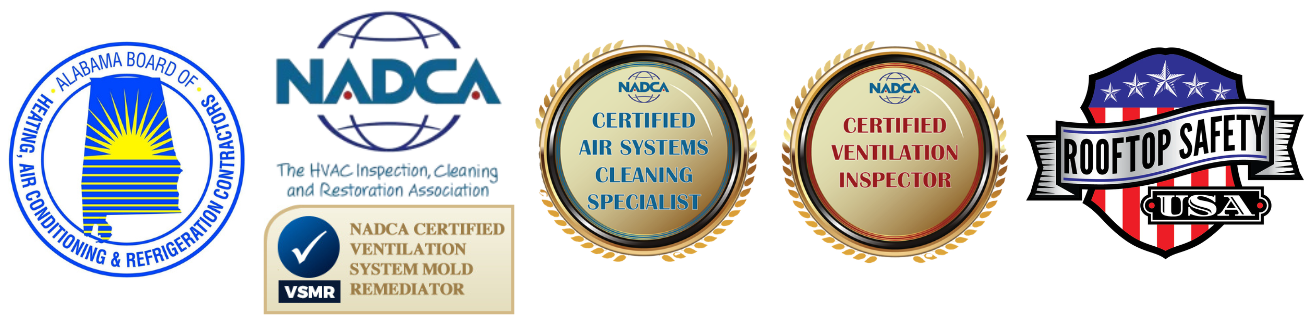 NADCA, Alabama HACR, Rooftop Safety, and satisfaction guarantee logos